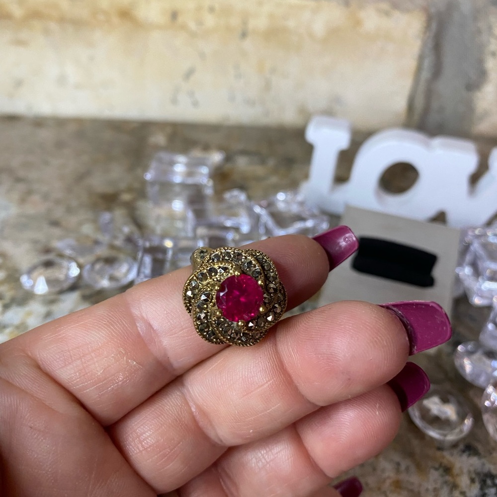 Vintage Two Tone Marcasite Ruby Ring - image 1